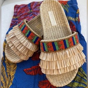 NEW Farm Rio Caramel Beaded Fringe Sandal In Natural